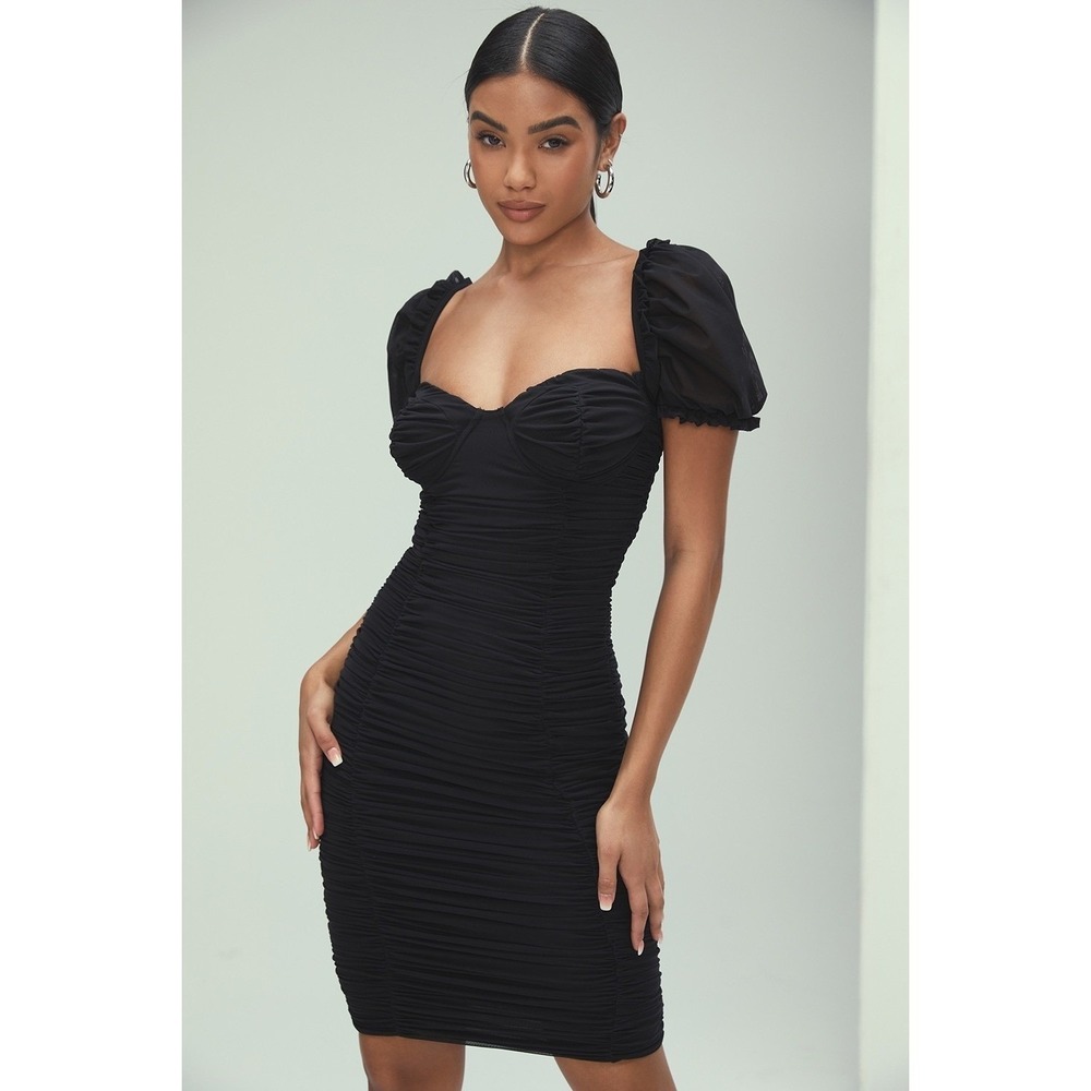 Mistress Rocks Black Ruched Mesh Puff Sleeve Mini Dress XS Sweetheart Neckline